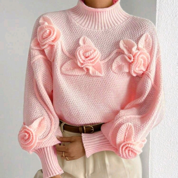 Sweaters - Floral Applique Crew Neck Casual Pullover Sweater